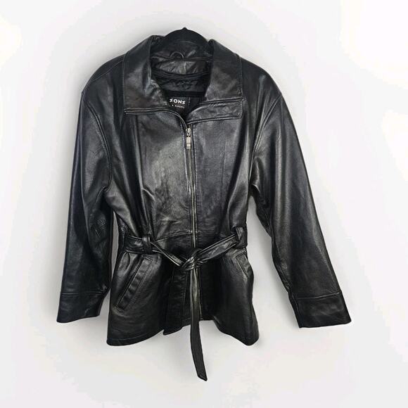 Vtg WILSONS LEATHER Black Leather Jacket Women’s Large Belted Midi Trench Coat - Picture 1 of 10